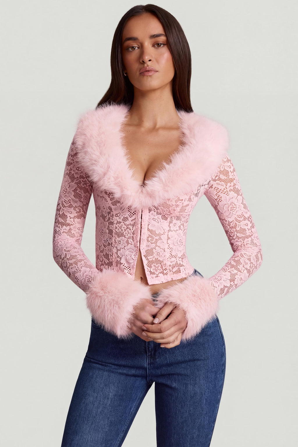 Chic Sheer Lace Faux-Fur-Trim Cardigan in Pink