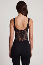 Chic Sheer Lace Scalloped Plunge-Neck Bodysuit in Black