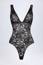 Chic Sheer Lace Scalloped Plunge-Neck Bodysuit in Black
