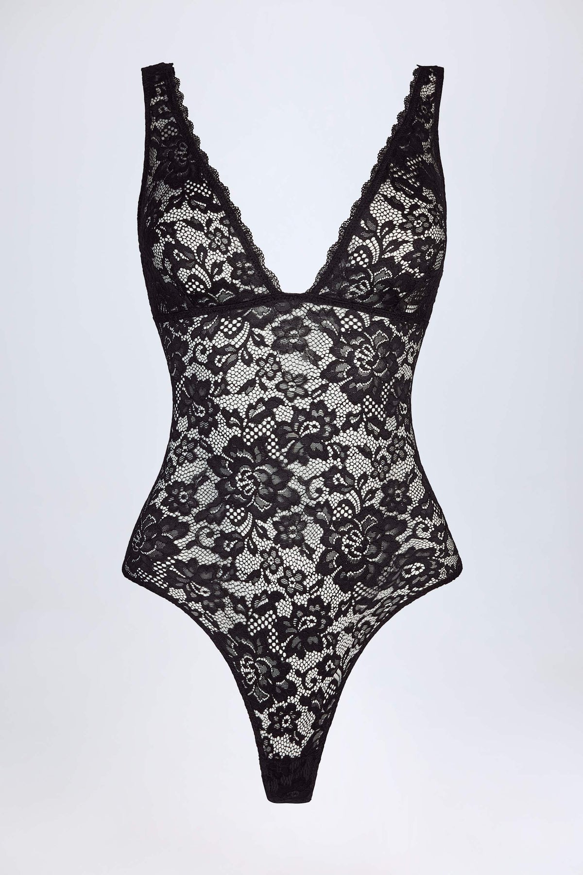 Chic Sheer Lace Scalloped Plunge-Neck Bodysuit in Black