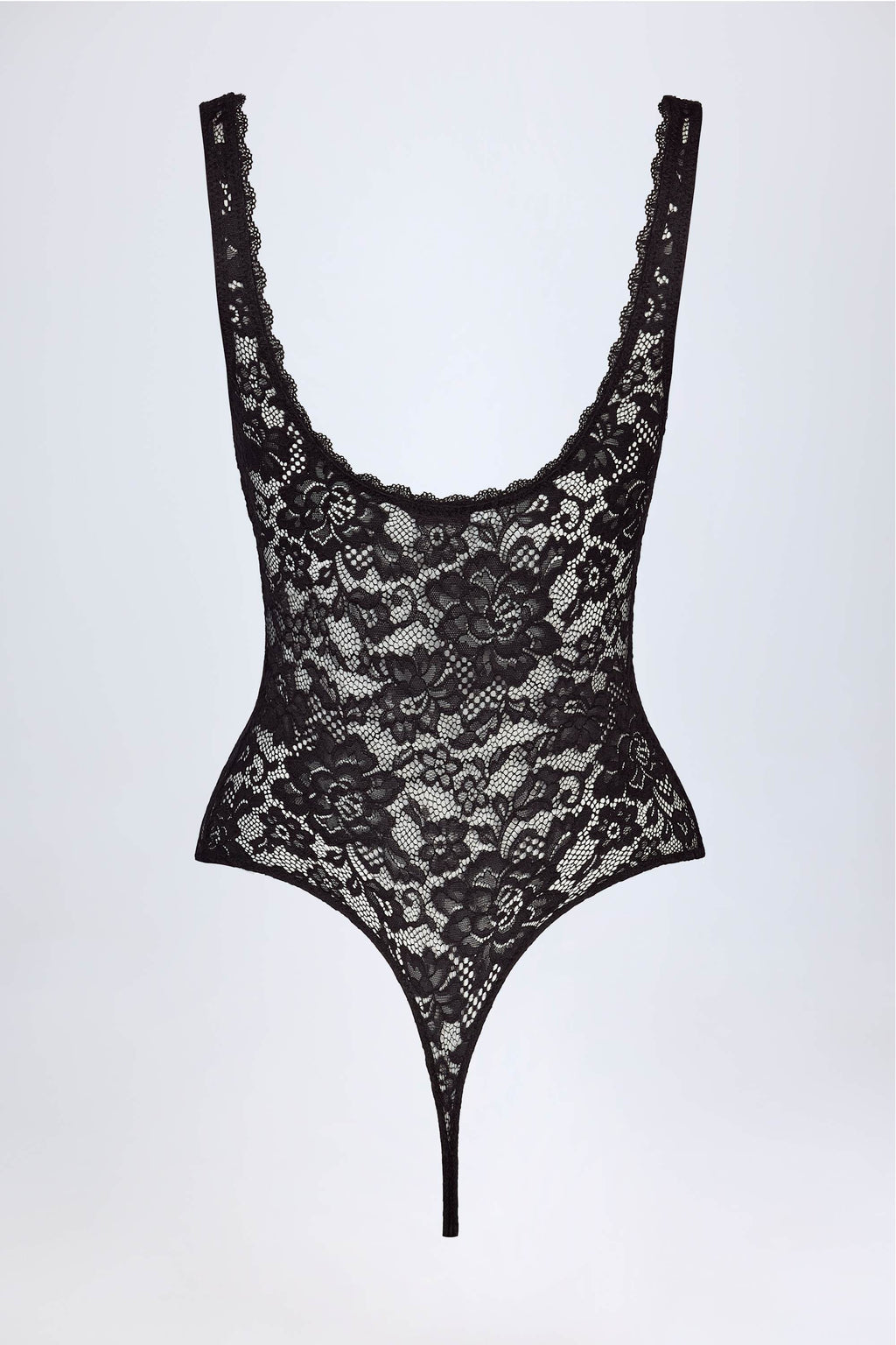 Chic Sheer Lace Scalloped Plunge-Neck Bodysuit in Black
