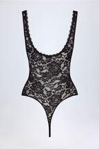 Chic Sheer Lace Scalloped Plunge-Neck Bodysuit in Black