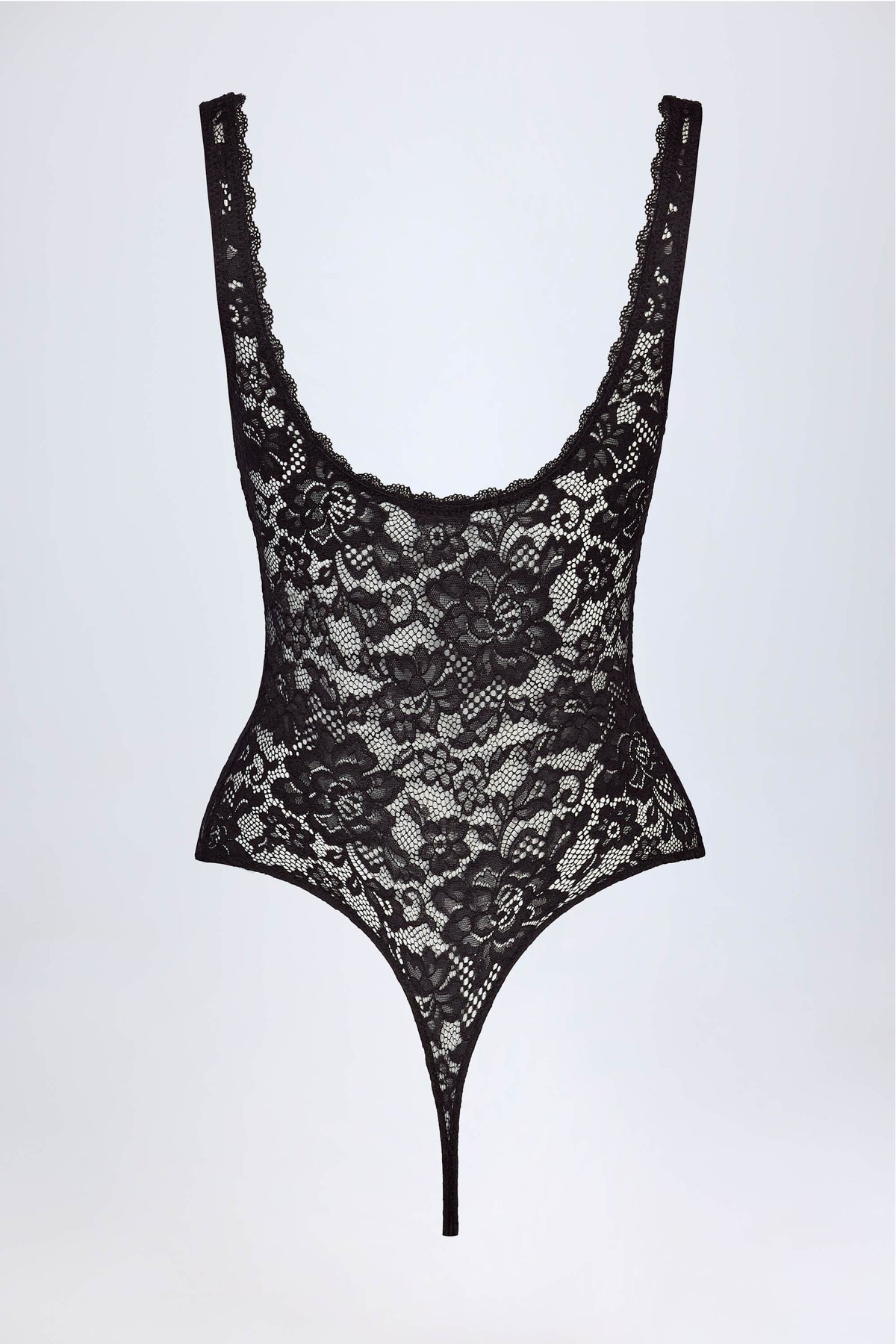 Chic Sheer Lace Scalloped Plunge-Neck Bodysuit in Black