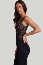 Chic Sheer Lace Scalloped Plunge-Neck Bodysuit in Black