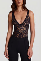 Chic Sheer Lace Scalloped Plunge-Neck Bodysuit in Black