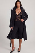 Chic Sheer Lace Scalloped Plunge-Neck Bodysuit in Black