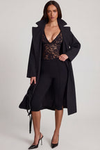Chic Sheer Lace Scalloped Plunge-Neck Bodysuit in Black