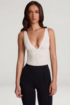 Chic Sheer Lace Scalloped Plunge-Neck Bodysuit in White