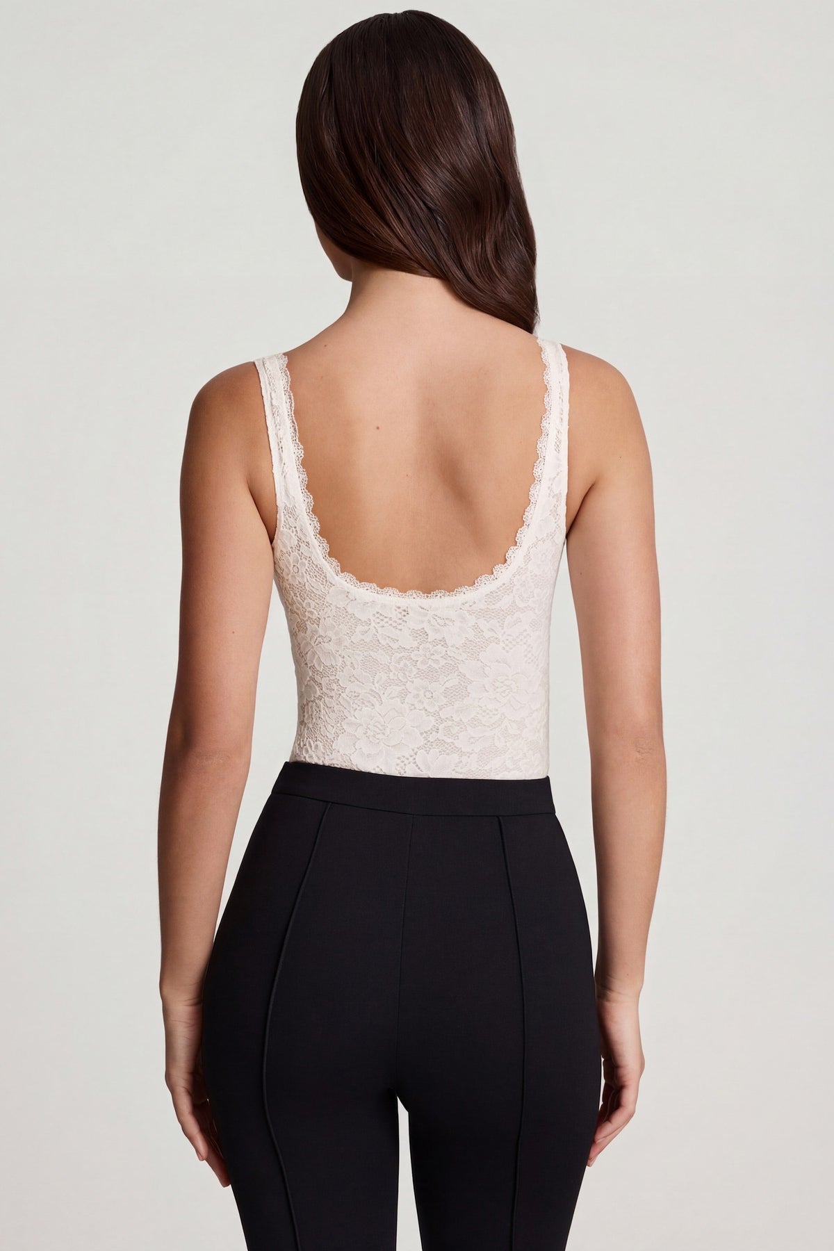 Chic Sheer Lace Scalloped Plunge-Neck Bodysuit in White