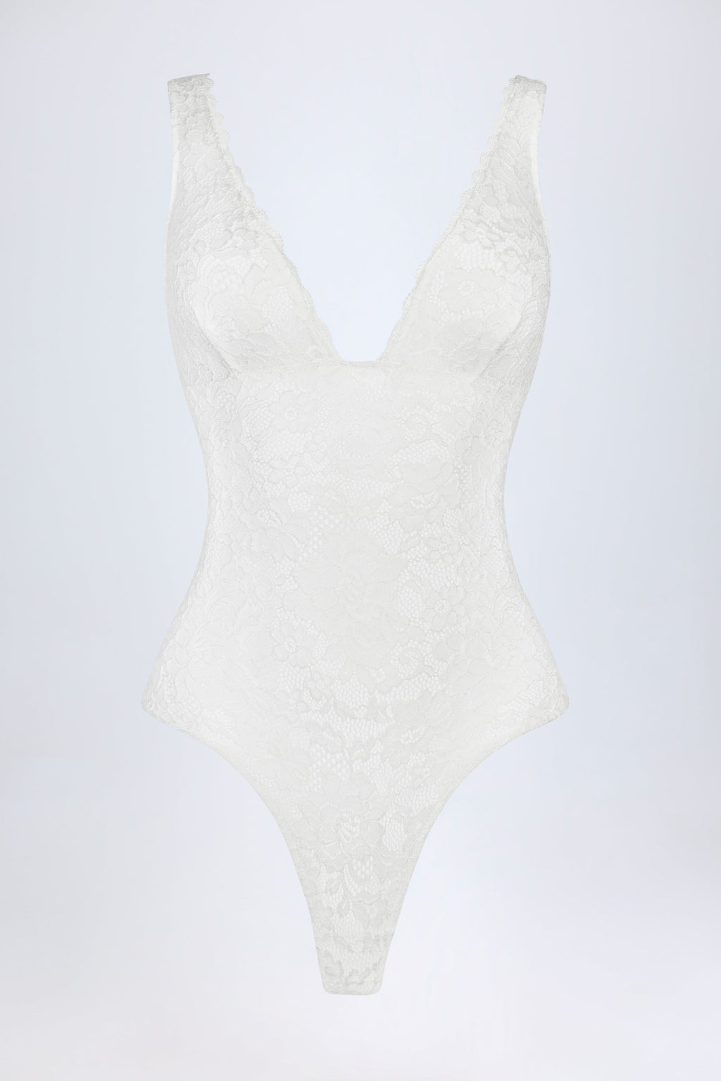 Chic Sheer Lace Scalloped Plunge-Neck Bodysuit in White