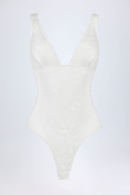 Chic Sheer Lace Scalloped Plunge-Neck Bodysuit in White