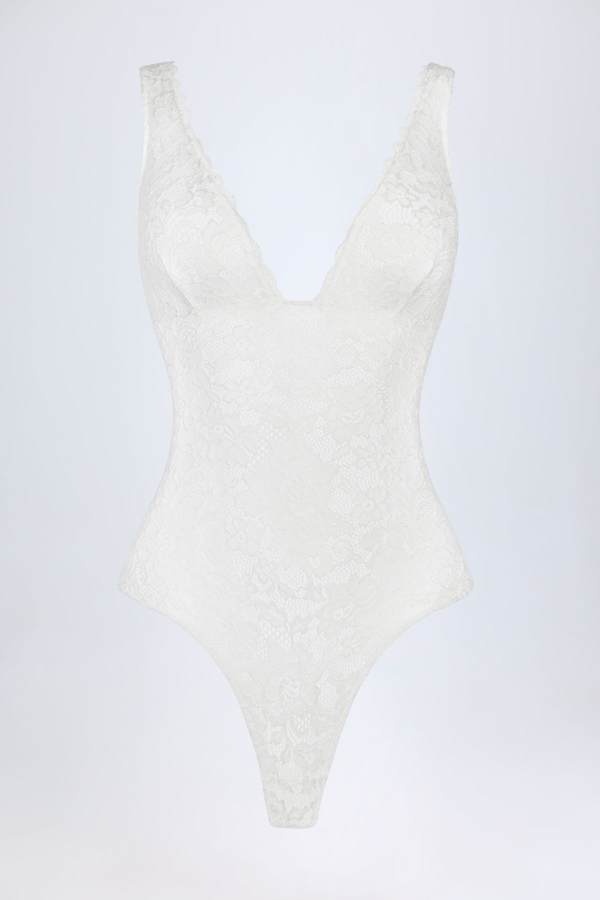 Chic Sheer Lace Scalloped Plunge-Neck Bodysuit in White