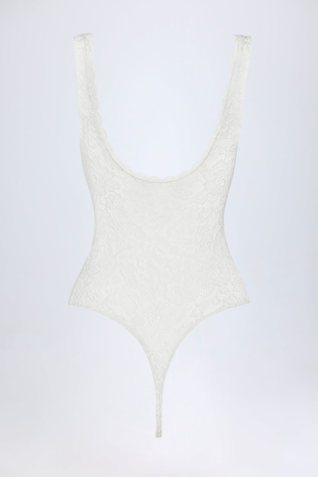 Chic Sheer Lace Scalloped Plunge-Neck Bodysuit in White