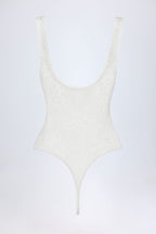 Chic Sheer Lace Scalloped Plunge-Neck Bodysuit in White