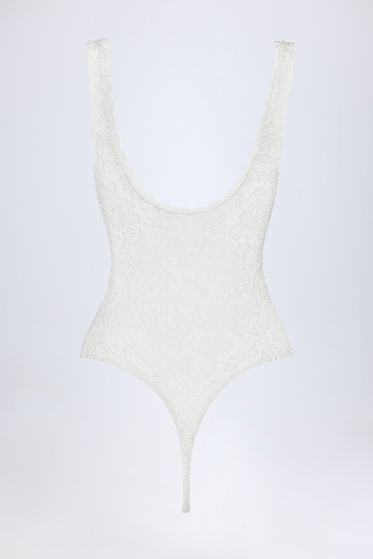 Chic Sheer Lace Scalloped Plunge-Neck Bodysuit in White