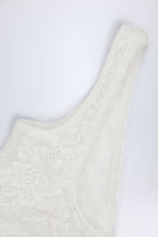 Chic Sheer Lace Scalloped Plunge-Neck Bodysuit in White