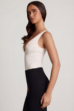 Chic Sheer Lace Scalloped Plunge-Neck Bodysuit in White