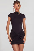 Chic Jersey Turtleneck Ruched Backless Mini Dress in Black