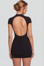 Chic Jersey Turtleneck Ruched Backless Mini Dress in Black