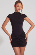 Chic Jersey Turtleneck Ruched Backless Mini Dress in Black