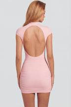 Chic Jersey Turtleneck Ruched Backless Mini Dress in Pink