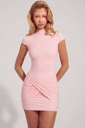 Chic Jersey Turtleneck Ruched Backless Mini Dress in Pink
