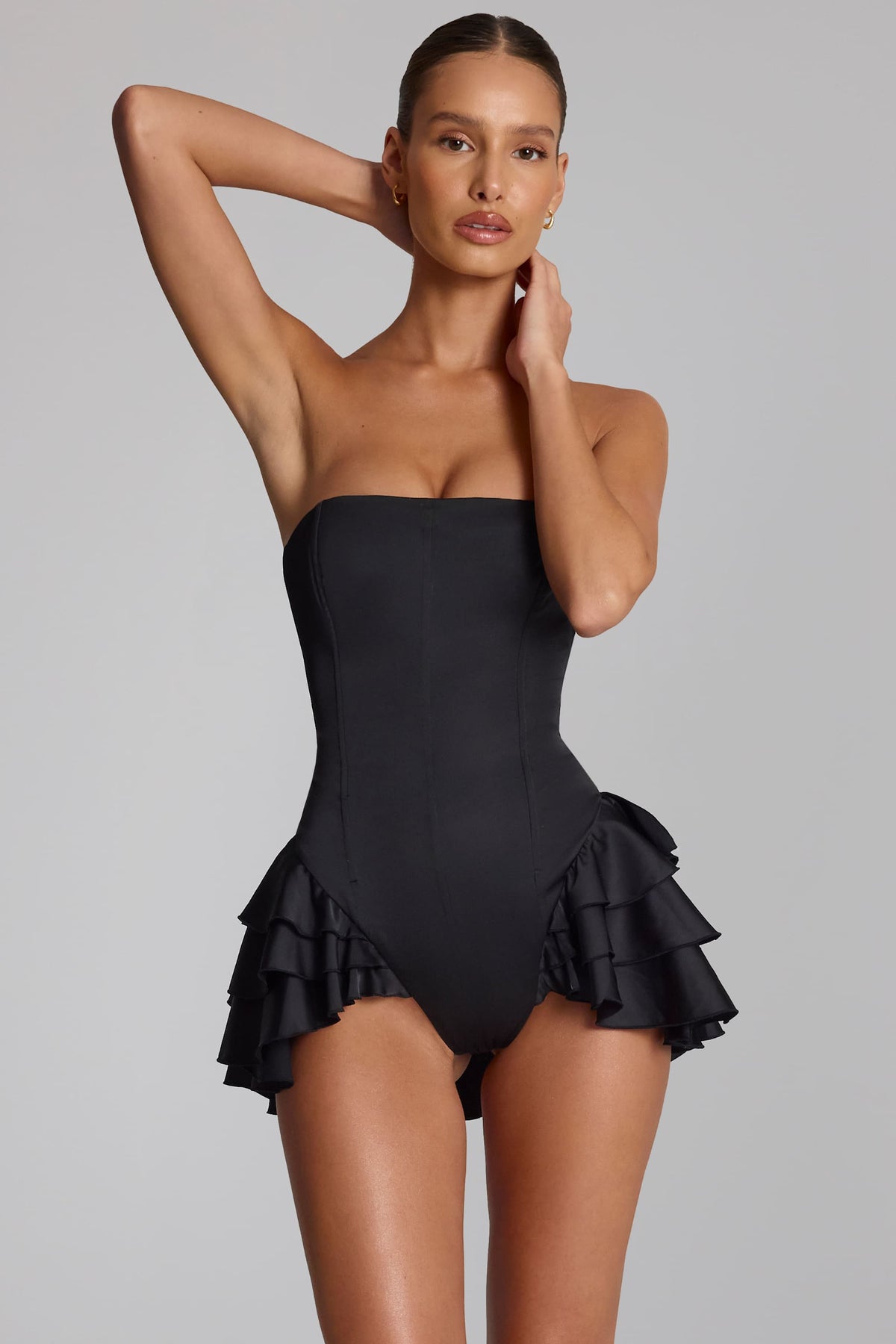 Chic Ruffled Lace-Up Corset Playsuit in Black