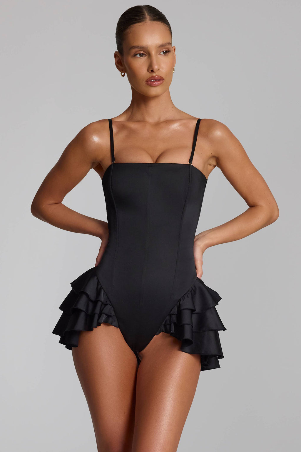 Chic Ruffled Lace-Up Corset Playsuit in Black