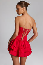 Chic Ruffled Lace-Up Corset Playsuit in Fire Red