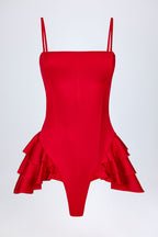 Chic Ruffled Lace-Up Corset Playsuit in Fire Red