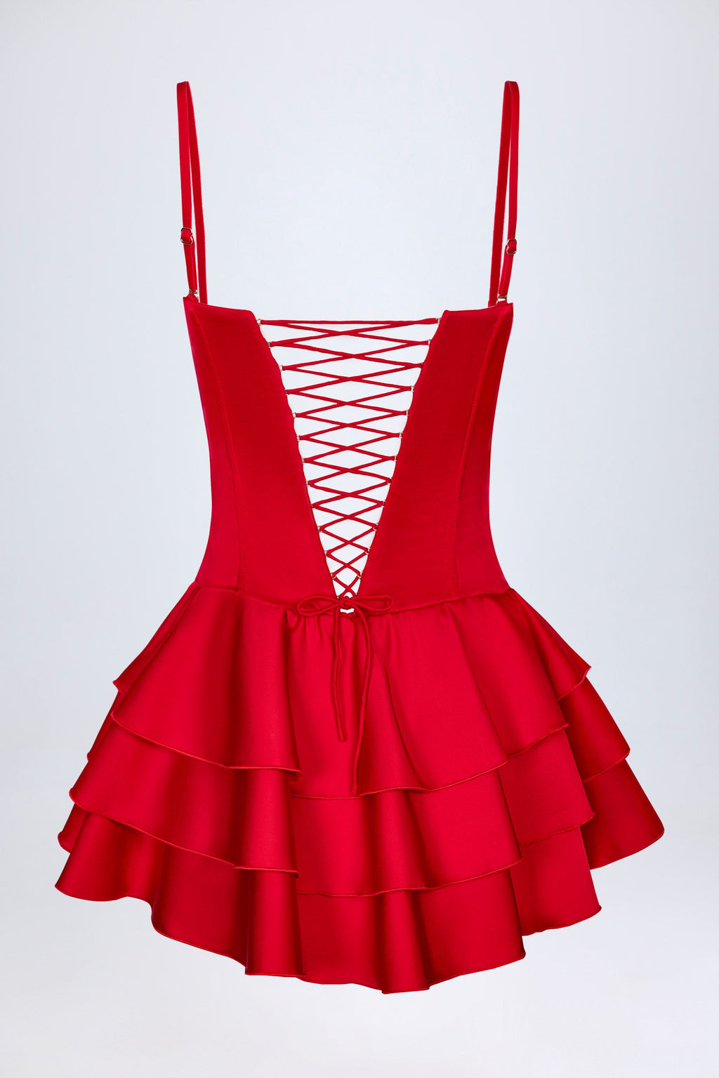 Chic Ruffled Lace-Up Corset Playsuit in Fire Red
