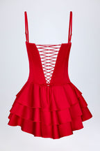 Chic Ruffled Lace-Up Corset Playsuit in Fire Red