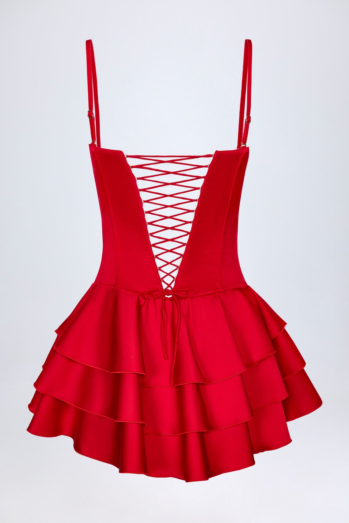 Chic Ruffled Lace-Up Corset Playsuit in Fire Red