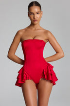 Chic Ruffled Lace-Up Corset Playsuit in Fire Red