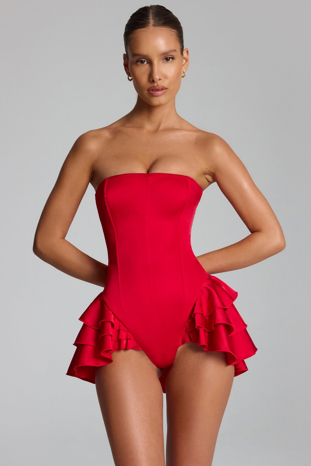 Chic Ruffled Lace-Up Corset Playsuit in Fire Red