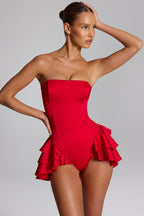 Chic Ruffled Lace-Up Corset Playsuit in Fire Red