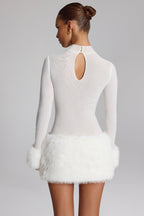 Chic Faux Fur-Trim Turtleneck Mini Dress in White