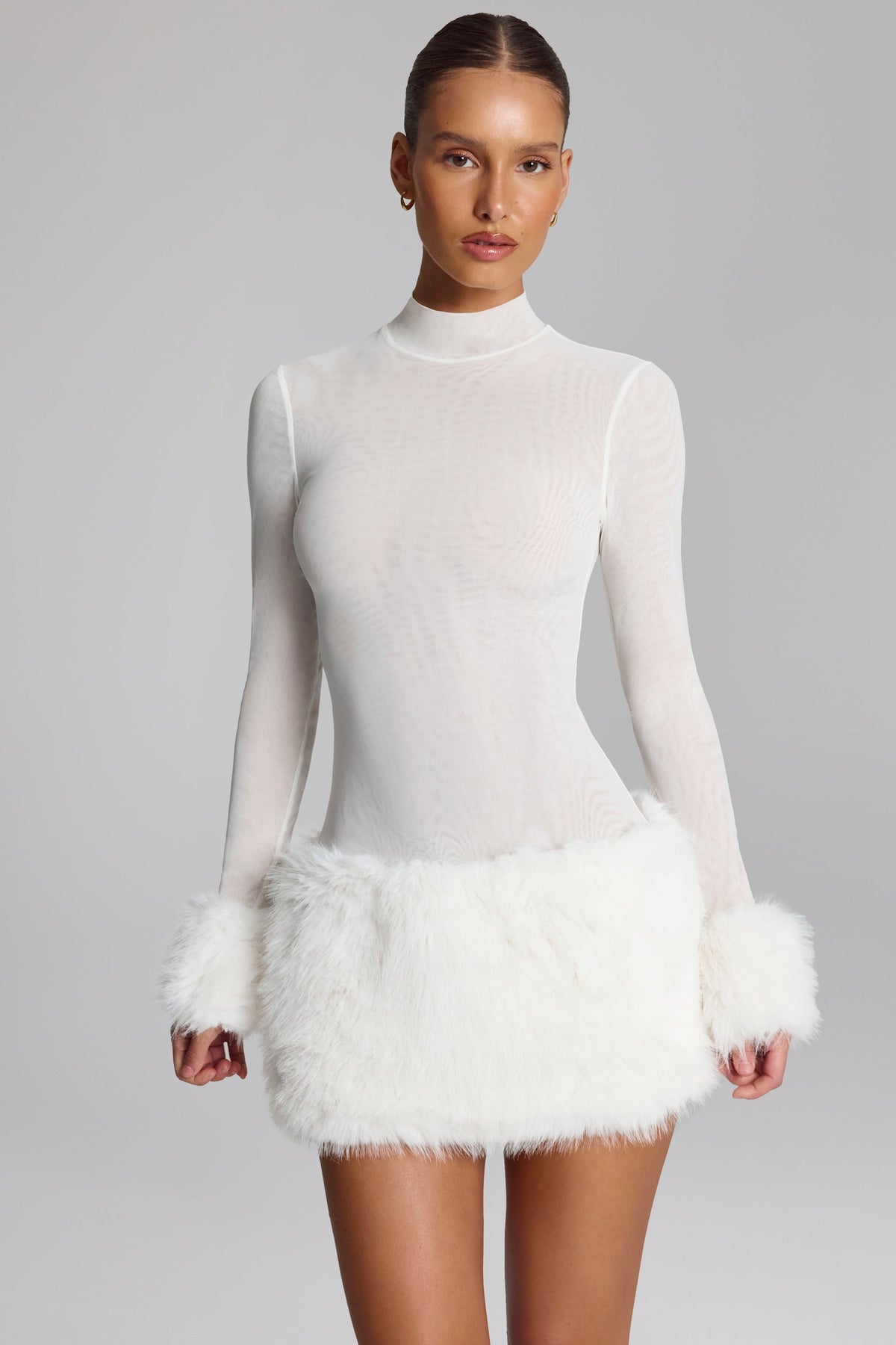 Chic Faux Fur-Trim Turtleneck Mini Dress in White