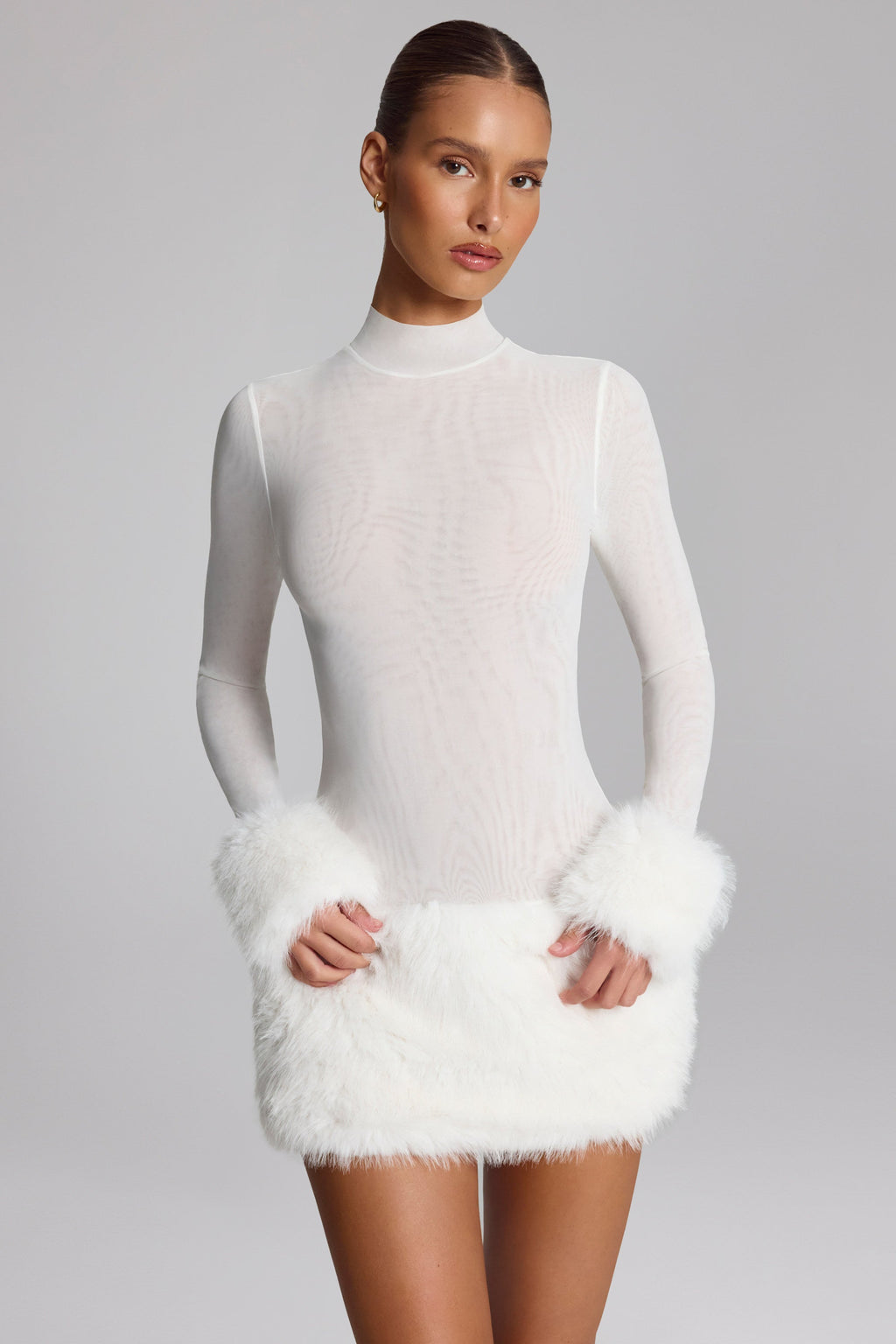 Chic Faux Fur-Trim Turtleneck Mini Dress in White
