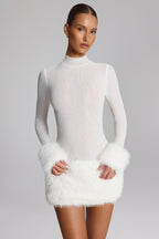 Chic Faux Fur-Trim Turtleneck Mini Dress in White