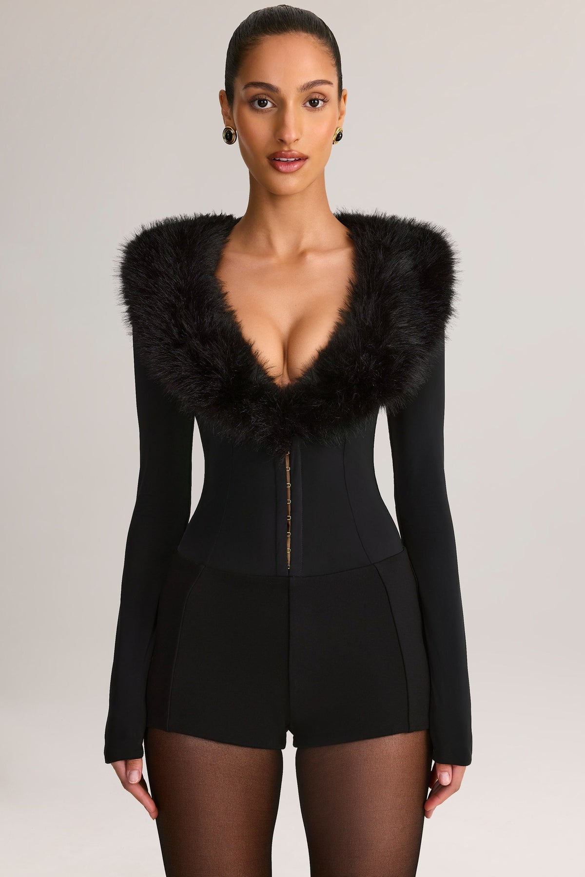 Chic Faux Fur-Trim Corset Playsuit in Black