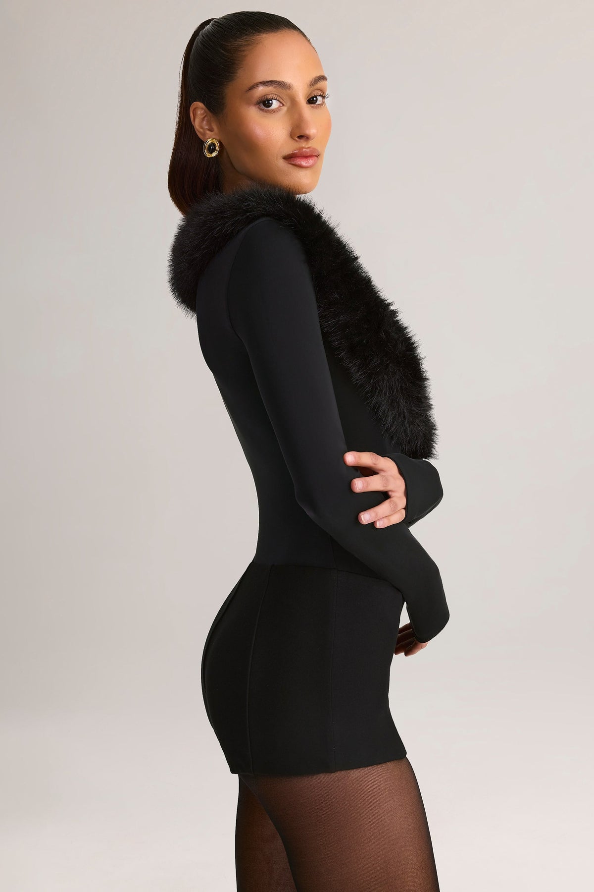 Chic Faux Fur-Trim Corset Playsuit in Black