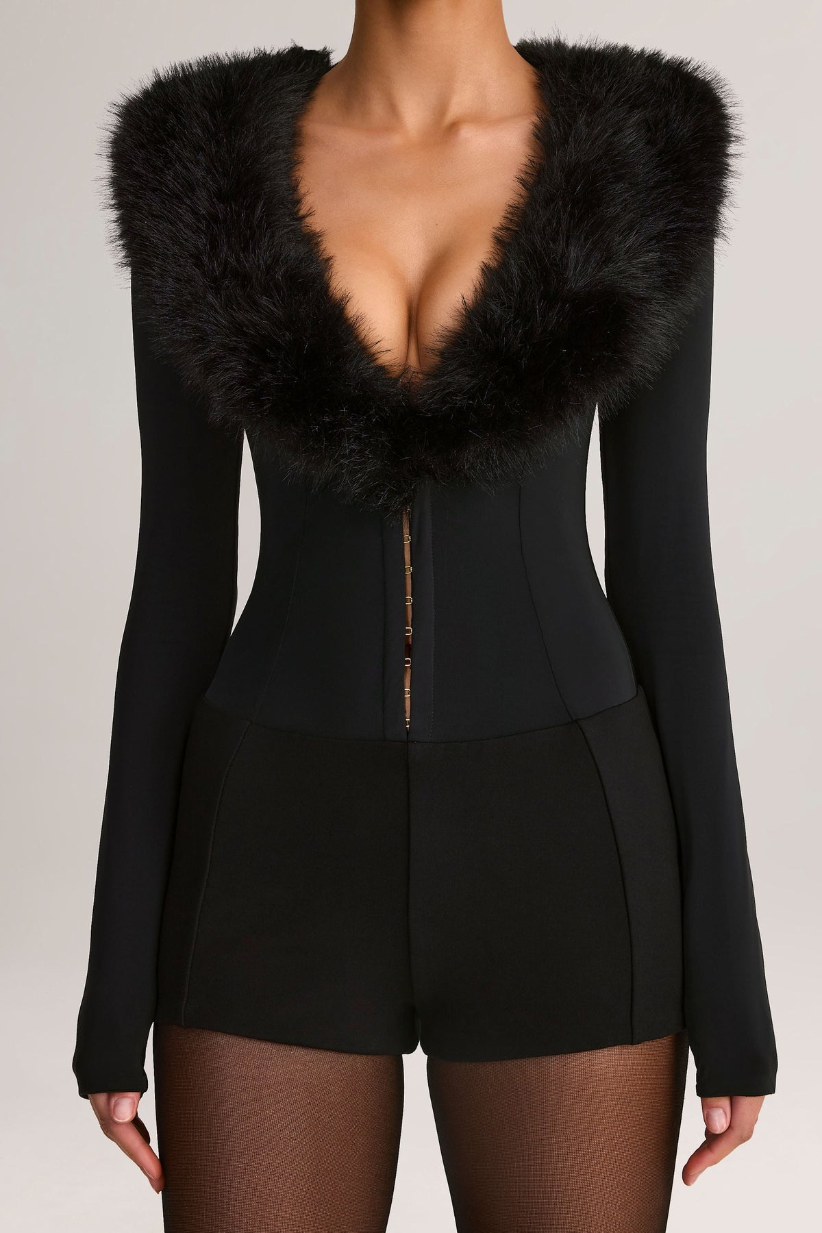Chic Faux Fur-Trim Corset Playsuit in Black