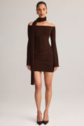 Chic Knit Scarf-Detail Off-Shoulder Mini Dress in Chocolate Brown