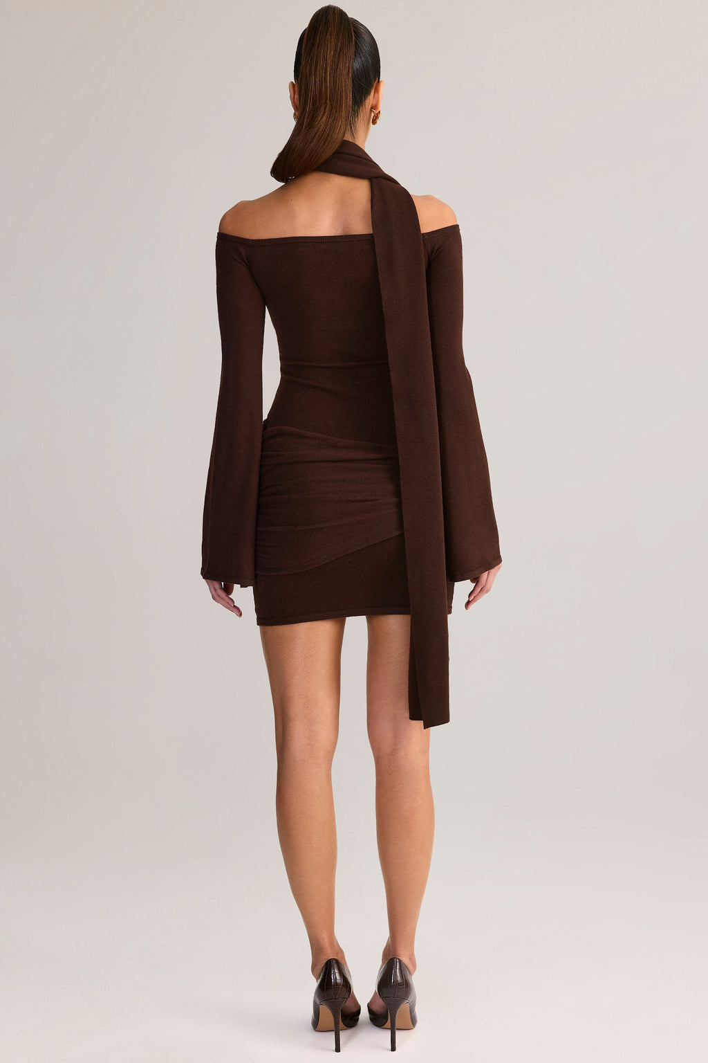 Chic Knit Scarf-Detail Off-Shoulder Mini Dress in Chocolate Brown