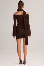 Chic Knit Scarf-Detail Off-Shoulder Mini Dress in Chocolate Brown