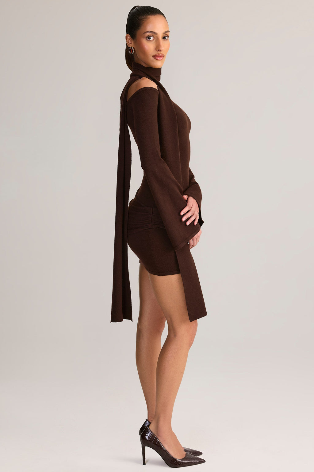 Chic Knit Scarf-Detail Off-Shoulder Mini Dress in Chocolate Brown
