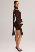 Chic Knit Scarf-Detail Off-Shoulder Mini Dress in Chocolate Brown