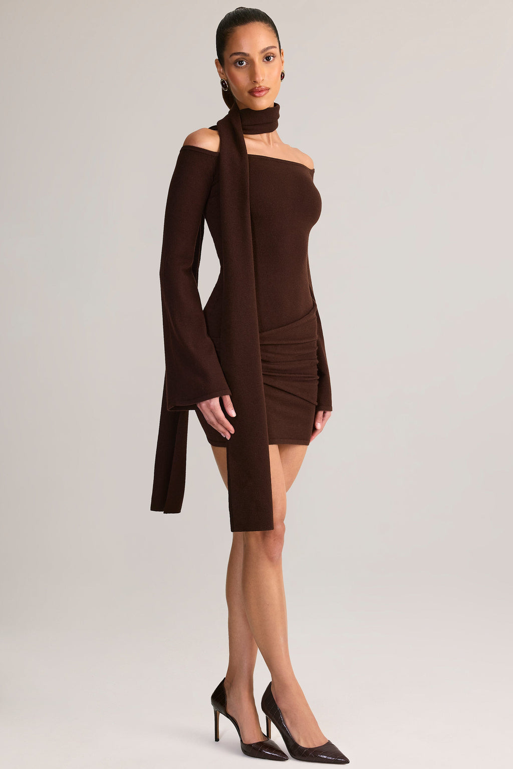 Chic Knit Scarf-Detail Off-Shoulder Mini Dress in Chocolate Brown