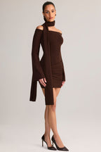 Chic Knit Scarf-Detail Off-Shoulder Mini Dress in Chocolate Brown